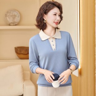 妈妈长袖t恤女 2025春装新款秋衣减龄翻领打底衫中老年人秋天上衣|undefined