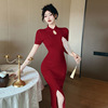 Southeast Asian style improved cheongsam button up knitted dress with buttocks wrapped long skirt