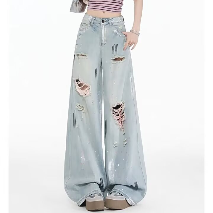 American retro high street style distressed denim jeans for women, new spring and autumn design, niche straight high-waisted pants