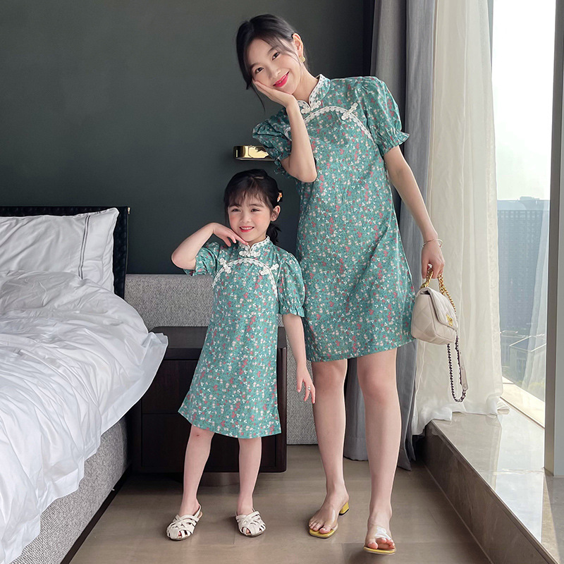 Hanfu girl Western style Dress 2021 new pattern puff sleeve children cheongsam summer With children Mother and daughter Princess Dress