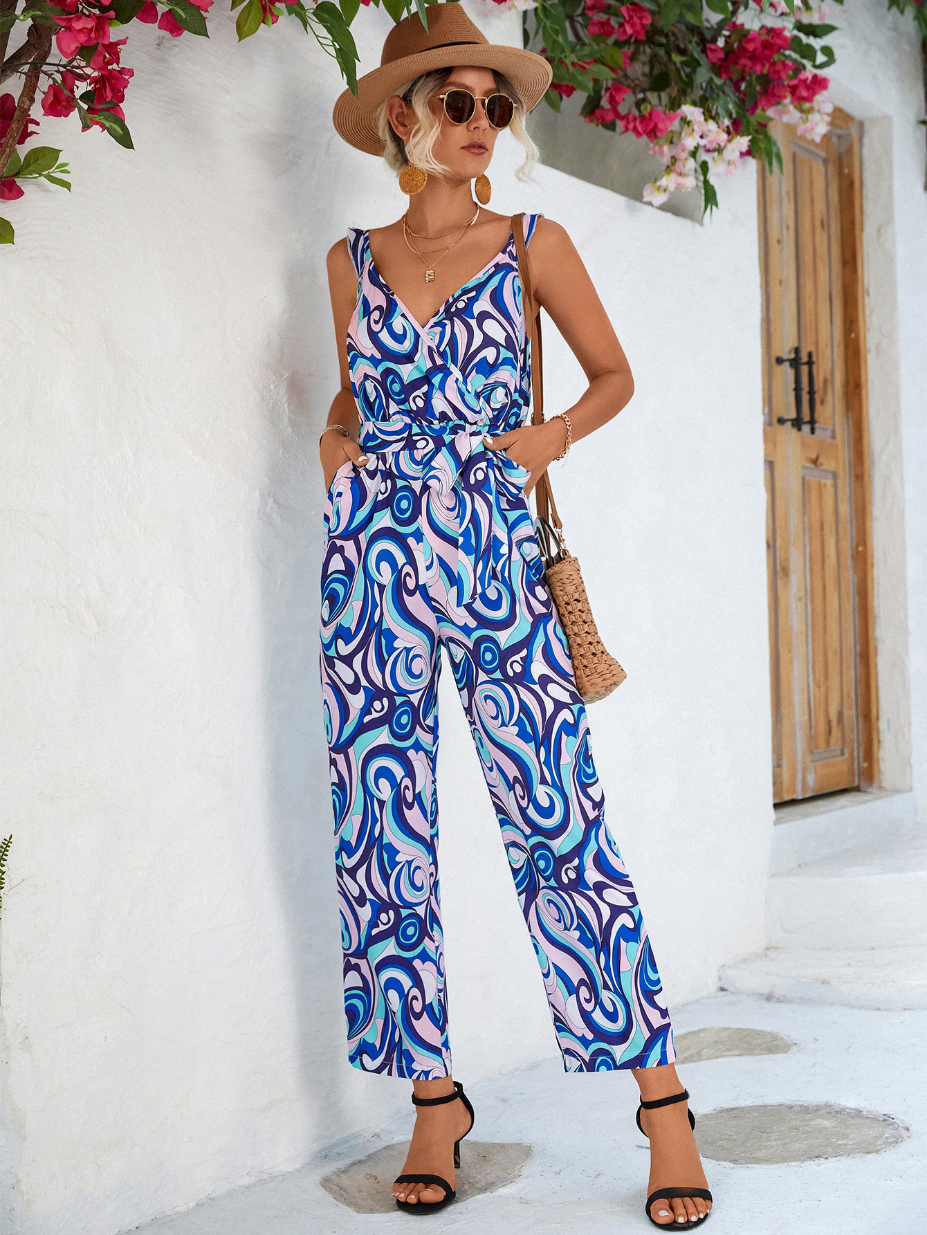 Women Lotus Leaf Spaghetti Strap Floral Print Jumpsuit