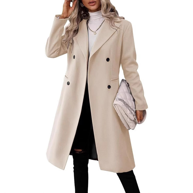 Cross-Border Amazon Autumn and Winter New Women's Long Woolen Outwear Women's Double-Breasted Lapel Pea Outwear with Lining