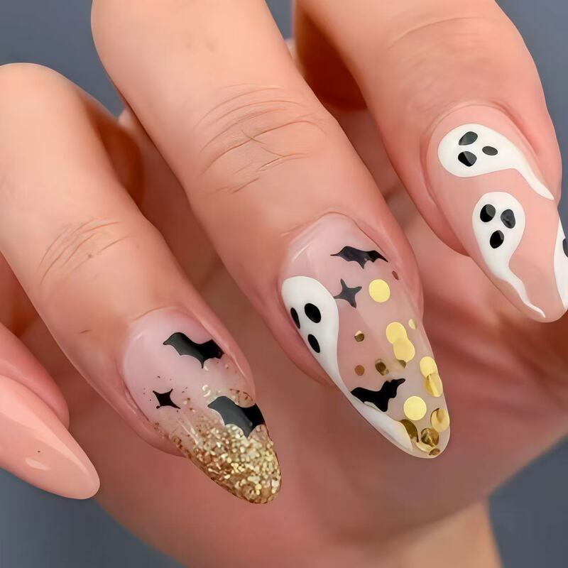 Cross-Border Hot-Selling Ghost Bat Gradient Nail Stickers with Gold Glitter Decoration, Fashionable Art Nail Design, Unique and Creative Cross-Border Hot-Selling Ghost Bat Gradient Nail Stickers with Gold Glitter Decoration, Fashionable Art Nail Design, Unique and Creative
