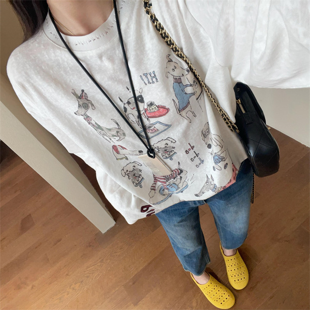 リラックスしたニッチスタイル、子供っぽい、年齢軽減、ゆったりとした長袖Tシャツ、ゆったりとした痩身ブラウス、女性用2025夏|undefined