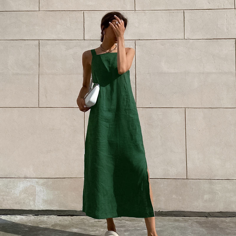 2026 French-Style Long Cotton-Linen Sleeveless Dress for Women, Light Luxury and High-End Feel, Summer Green Slit Straight Slip Dress 2026 French-Style Long Cotton-Linen Sleeveless Dress for Women, Light Luxury and High-End Feel, Summer Green Slit Straight Slip Dress
