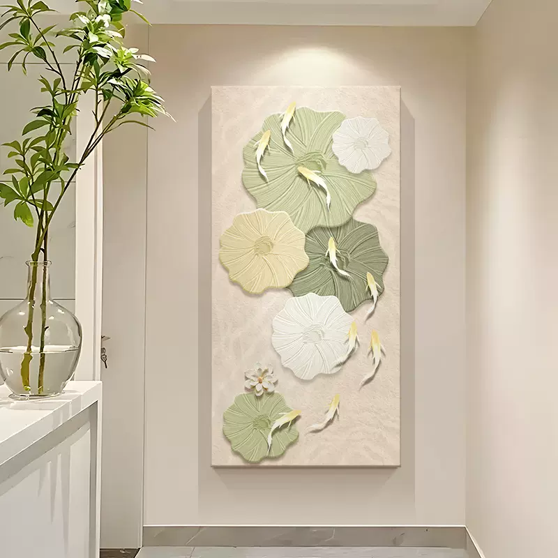 奶油风入户玄关装饰画九鱼图砂岩肌理高级感壁画过道走廊竖版挂画