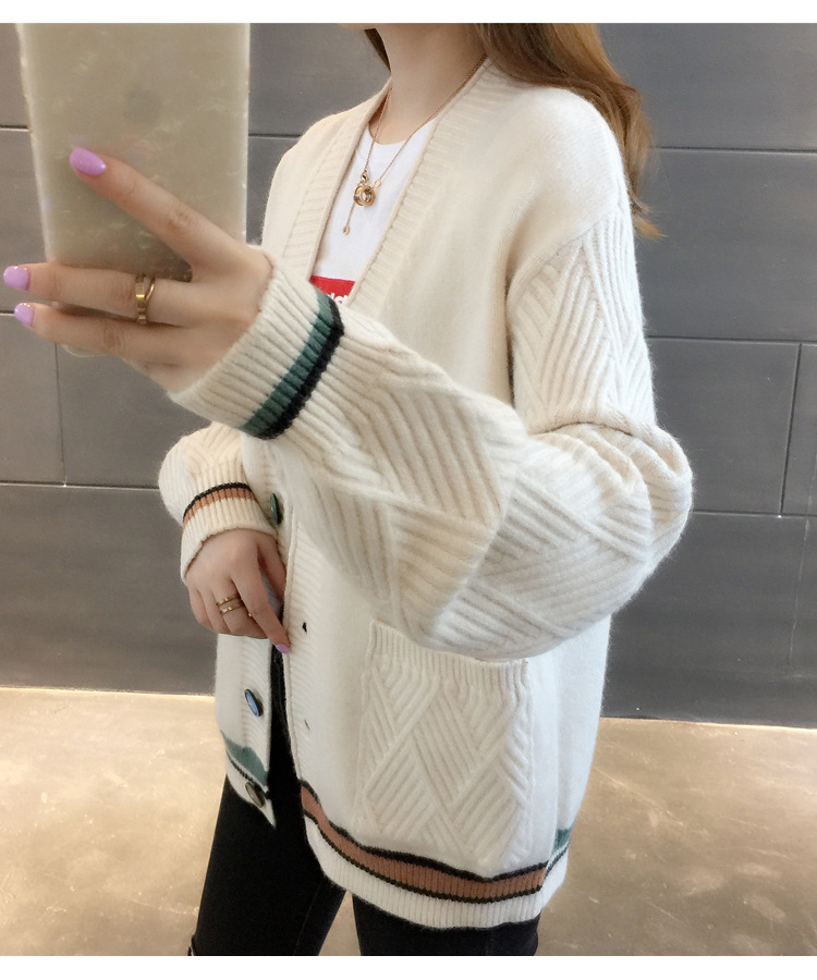 Women's Clothing Knitted Sweater V Neck All match Small Cardigan Jacket Women's Colorblock Sweater _voghion.com