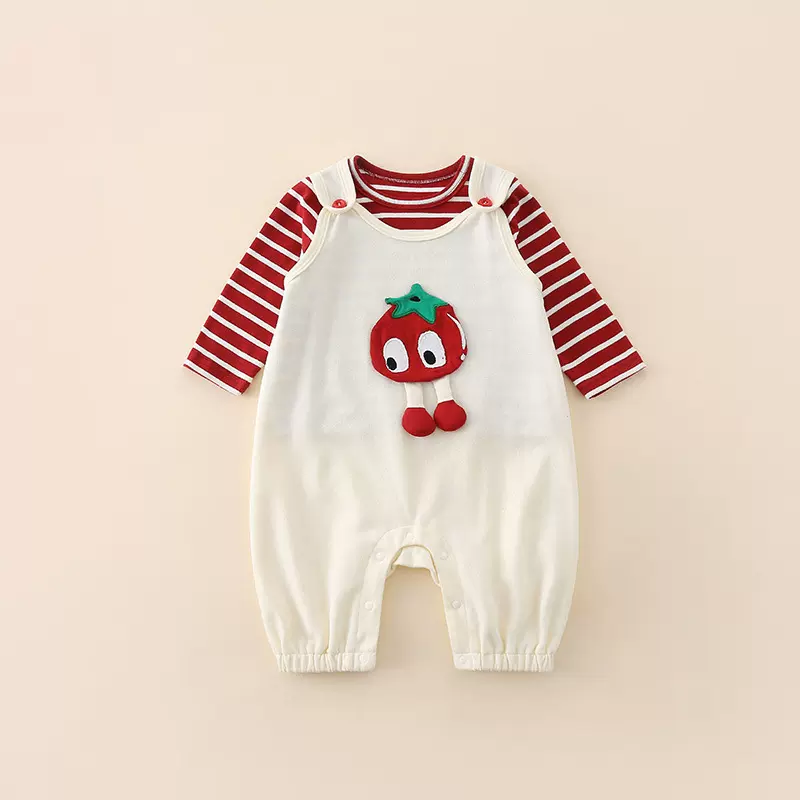 婴儿秋装套装可爱连身衣女宝宝背带裤连体裤条纹打底衫两件套秋季