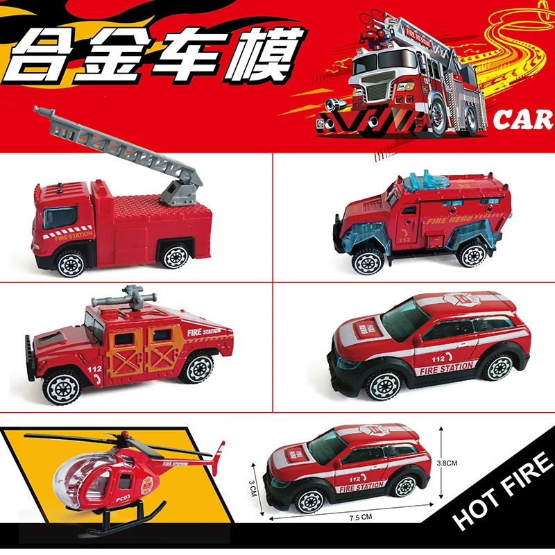 Реалистичный набор игрушечных транспортных средств из сплава: полицейская машина, пожарная аварийная машина, бульдозер и экскаватор