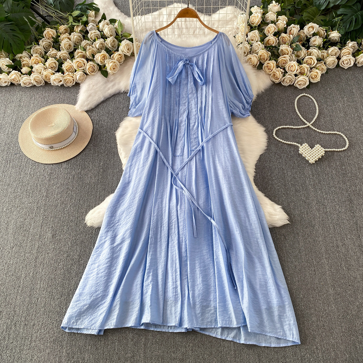 Women's French Style Tie Neck Puff Sleeve Dress Gentle Elegant Summer Casual Long Dress Simple Commuting Style_ecoleips.com