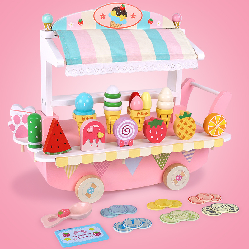 Mini helado coche juguete coche posicle venta coche carrito de helado de madera para niños