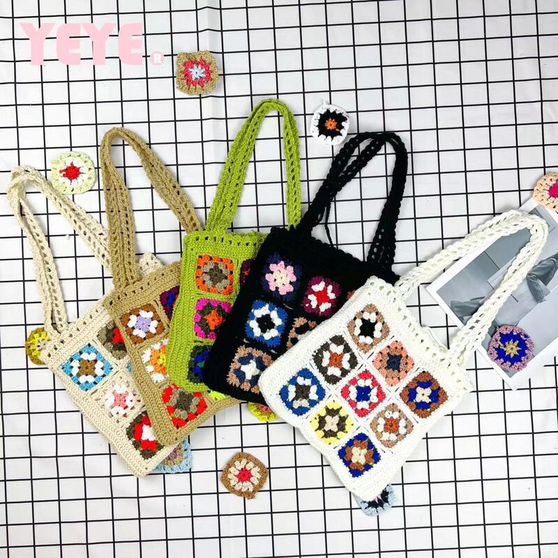 2022 Korea Dongdaemun with hand hook woven women's bag mixed color flower block fashion shoulder bag