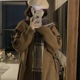 韩系复古翻领中长款针织开衫毛衣外套女早秋慵懒风高级感温柔大衣
