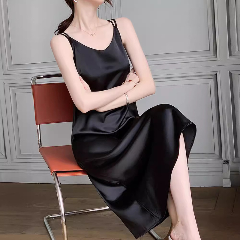 夏季新款醋酸缎面吊带裙女 外穿无袖内搭显瘦A字裙黑色长款连衣裙|undefined