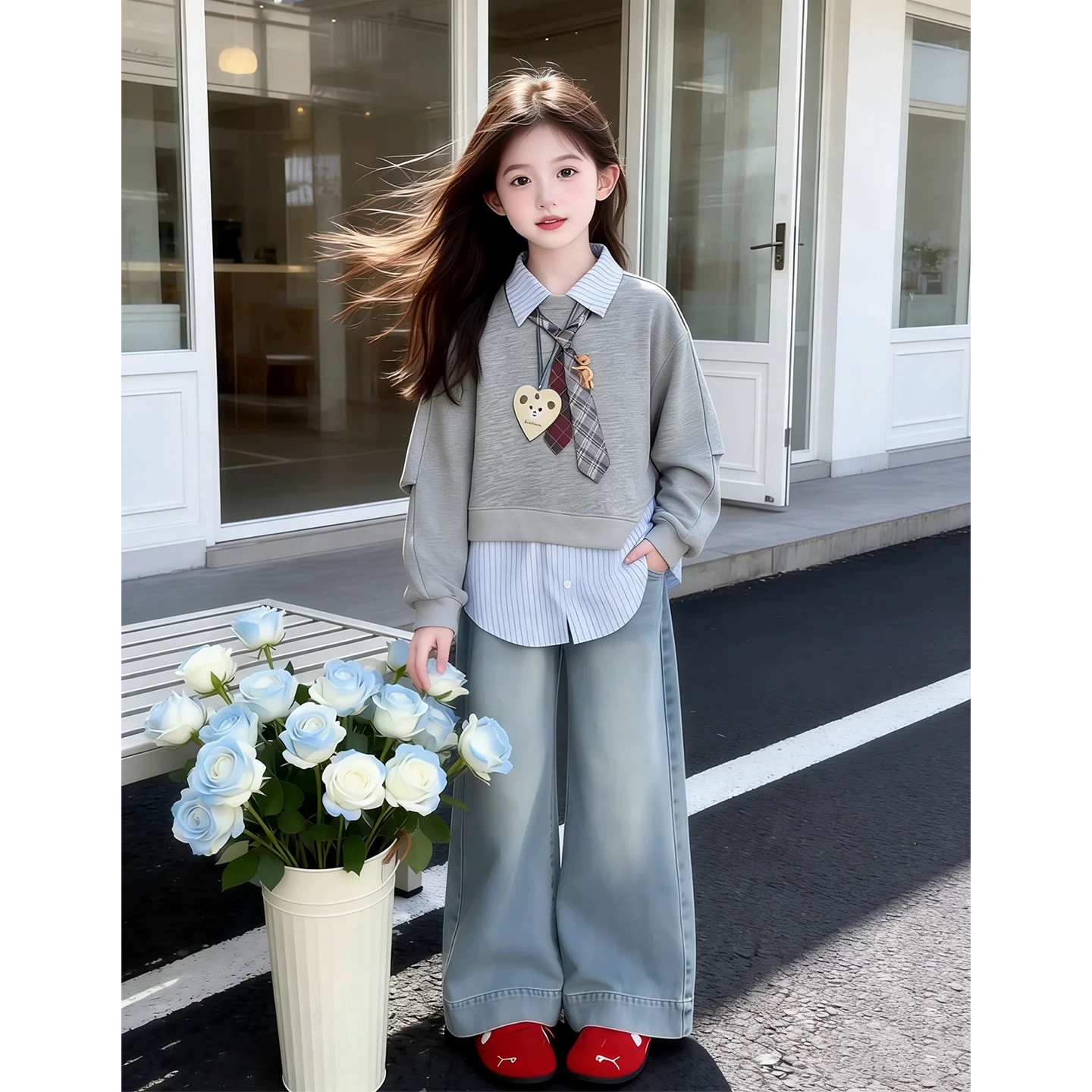 仿华棉复牛奶丝300G 女童春秋卫衣新款女孩学院风假两件衣上衣
