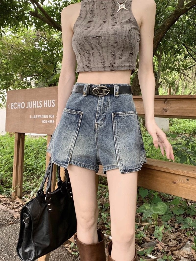 Quần short denim nữ lưng cao túi hộp phong cách vintage ống rộng — Lời bài hát: Blue (No Belt - Pants) chi tiết 4
