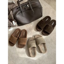 羊羔毛毛拖鞋女外穿新款真皮厚底懒人勃肯鞋一字拖鞋加绒保暖棉鞋