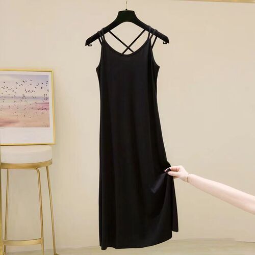 Loose Plus Size Summer New Strappy Ice Silk Dress for Women, Long-Sleeve Solid Color Simple Slimming Fashion Strap Dress
