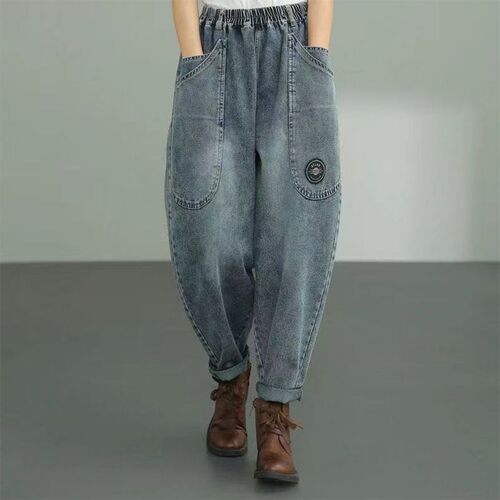Women's Spring and Autumn New Denim Jeans with Large Pockets, Casual Fat Sister Plus Size Loose Matchy-Halter Pants, Long Pants Trendy