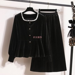 大码金丝绒套装女时尚气质春秋金丝绒大摆A字裙时尚上衣两件套潮