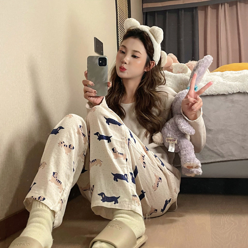 Pajama Pants Women's Spring and Autumn New White Wave Dot Dachshund Dog Cute Home Pants Loose Soft Straight Walking Pants