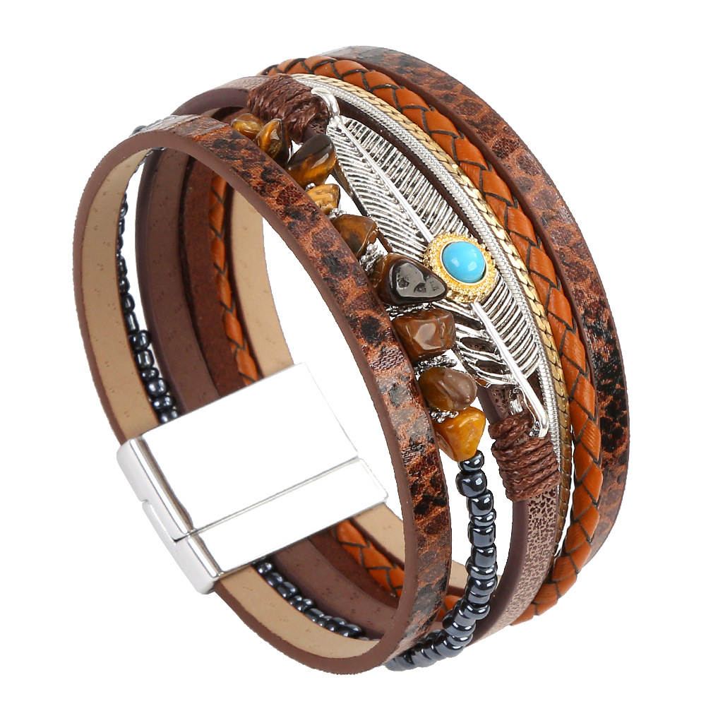 Leather Beaded Bracelet With Boho Feather And Turquoise Charm_voghion.com