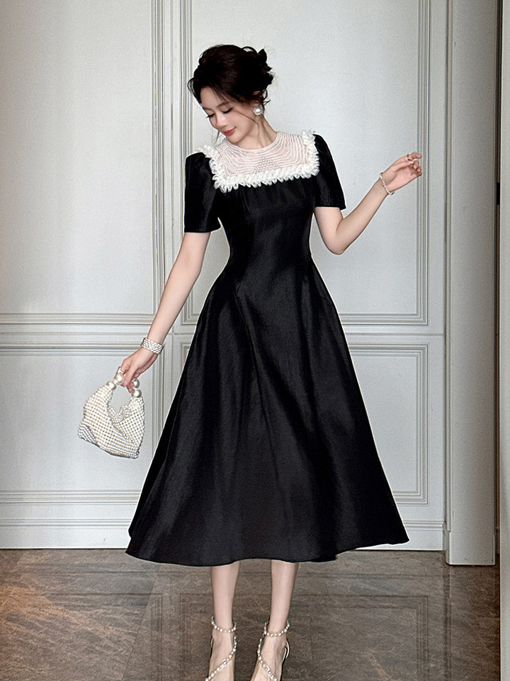 Váy maxi nữ thắt eo kiểu Hepburn thanh lịch, dáng xòe eo thon — Màu đen