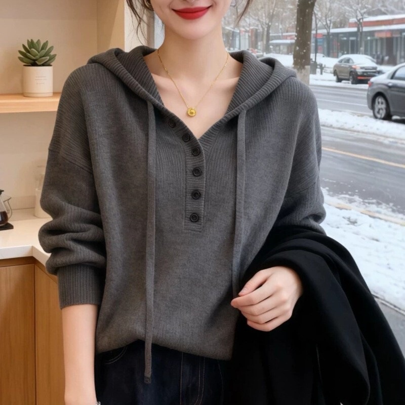 Red hooded sweater for women, new autumn and winter warm knitwear, loose-fitting, flattering, casual, age-reducing top Red hooded sweater for women, new autumn and winter warm knitwear, loose-fitting, flattering, casual, age-reducing top