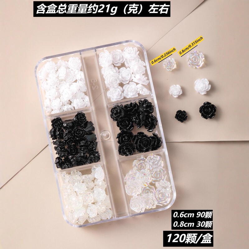 Cross-Border 6-Grid Camellia Aurora Transparent White Rose Flower Nail Art Kit DIY Resin Flower Nail Stickers Wholesale