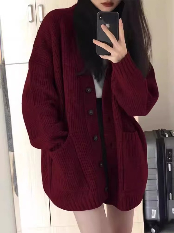 复古慵懒风V领100羊毛中长款毛衣开衫女宽松加厚大码针织上衣打底|undefined