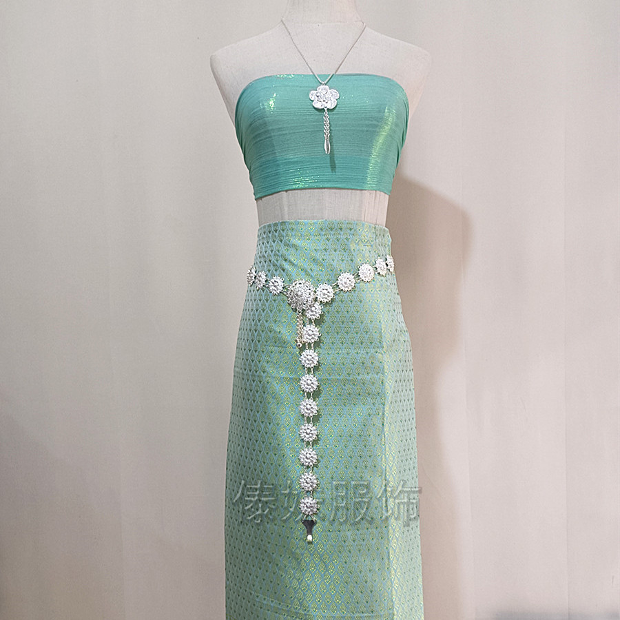 A3 light green skirt four-piece set including chest-wrapped skirt, belt and necklace