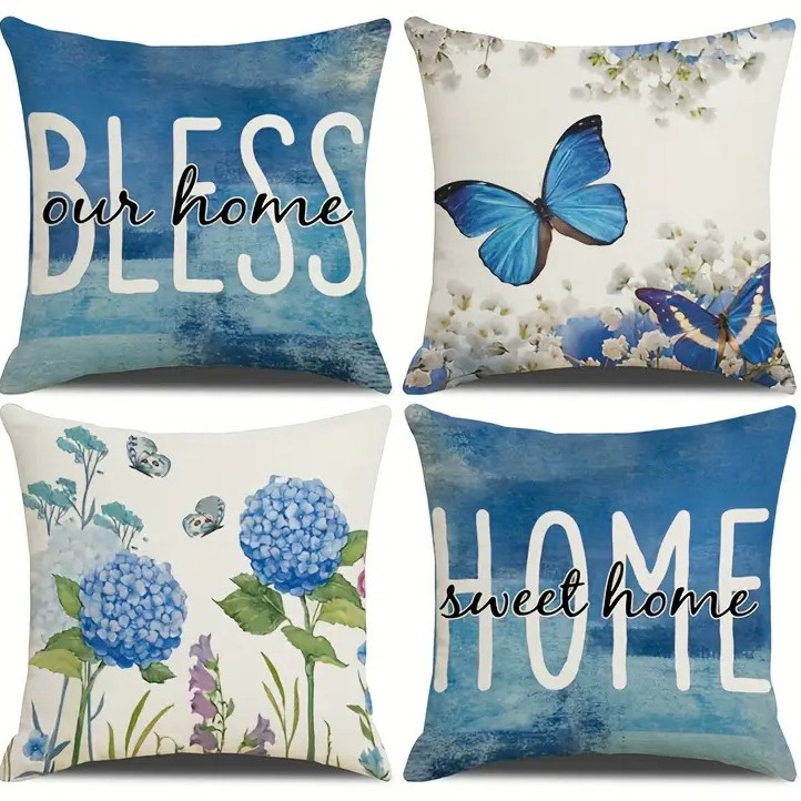 Blue Flower Butterfly Pattern Pillow Case Living Room Bedroom Sofa Decorative Pillow Case_voghion.com
