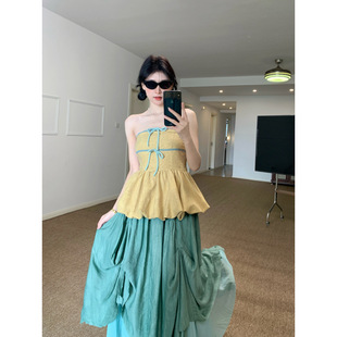 2025 Summer Dopamine Contrast Color Bow Tube Top + Design Lift Skirt Suit for Women