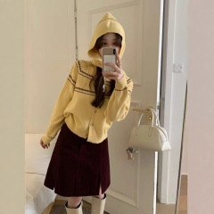 十三行新款小香风撞色几何纹针织开衫+帽子两件套女早秋韩系毛衣