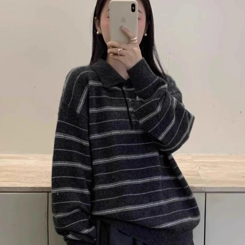 复古灰色条纹polo领毛衣女秋季老钱风穿搭慵懒宽松软糯针织衫上衣|undefined