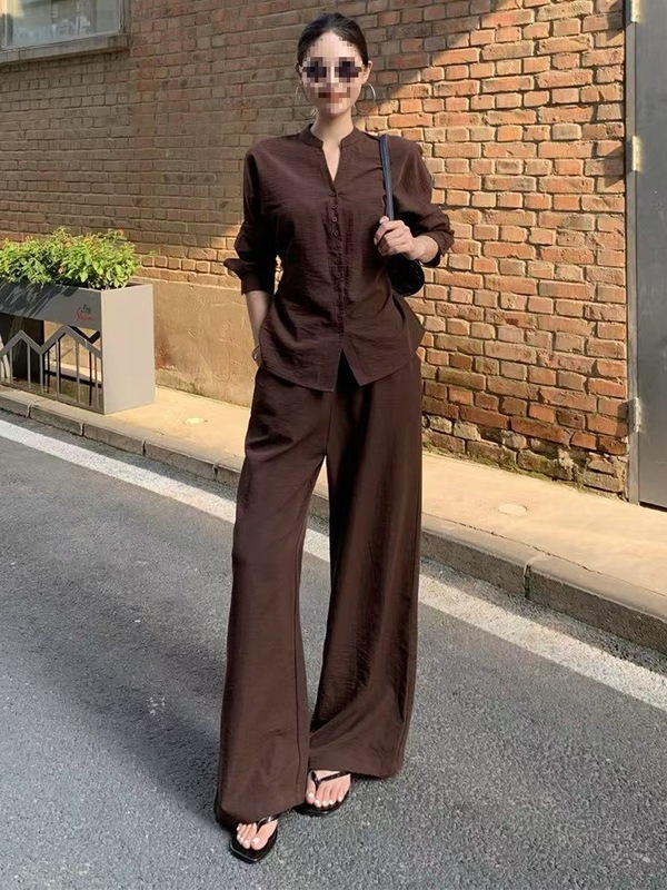 时尚套装女2025秋季新款时髦洋气质长袖衬衫阔腿裤休闲外贸两件套|undefined