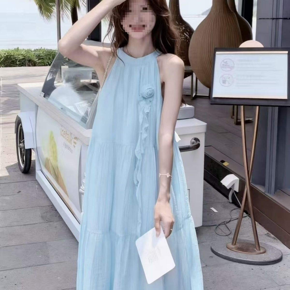 Đầm maxi nữ thắt eo phong cách Pháp hoa nhẹ nhàng không tay dáng dài mùa hè — màu xanh nhạt, màu trắng, Vàng nhạt, màu mơ chi tiết 7