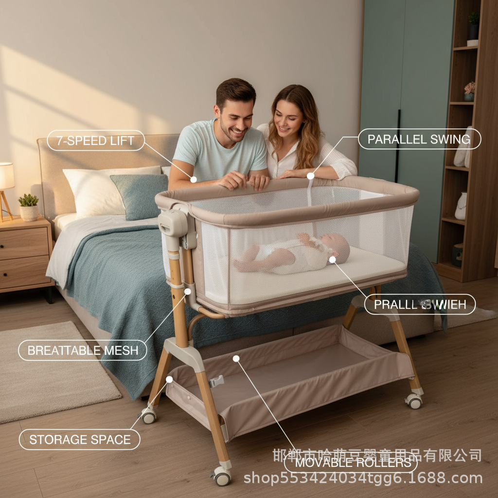 Cross-Border Pingyao Baby Crib Indoor Cradle Bed Baby Bed Splicing Large Bed Newborn Bed 7-Level Height Adjustment Movable
