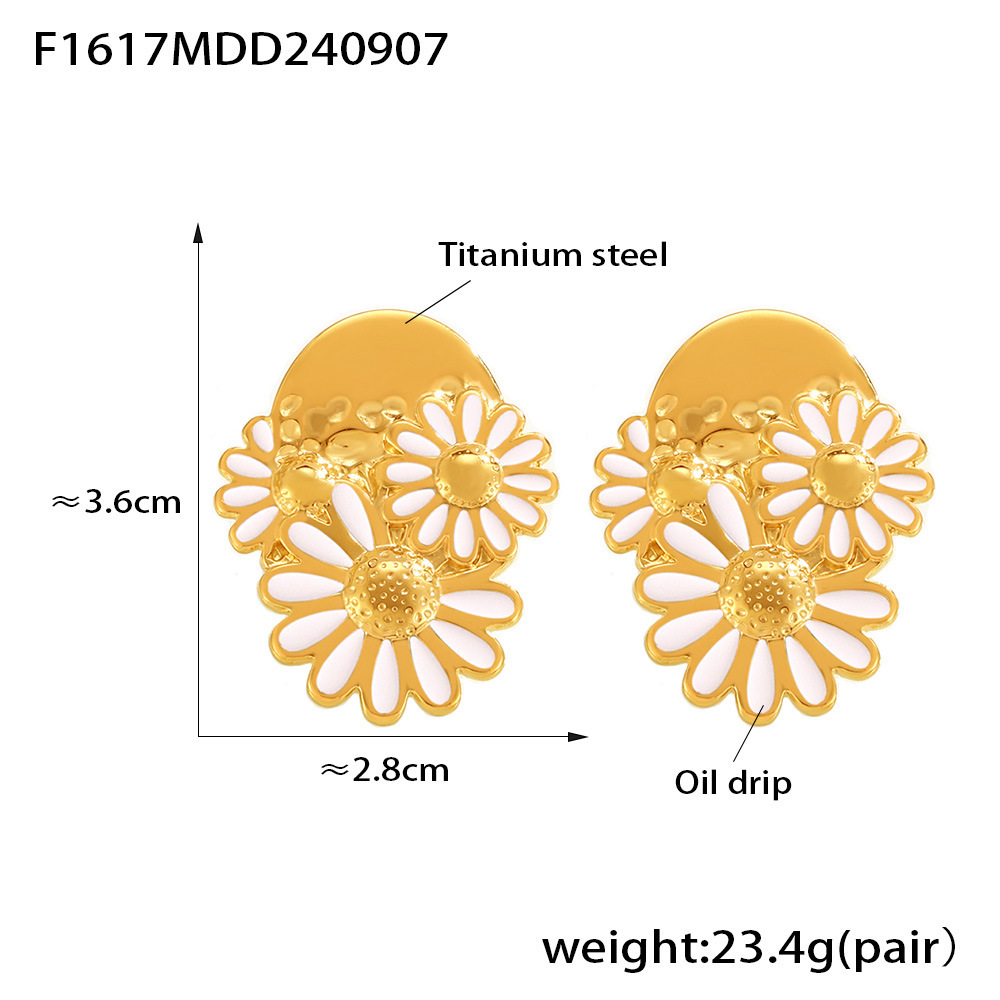Boucles d'oreilles chrysanthème de style INS européen et américain Boucles d'oreilles goutte à goutte d'huile de marguerite en acier au titane Boucles d'oreilles rétro de tempérament pour femmes_voghion.com