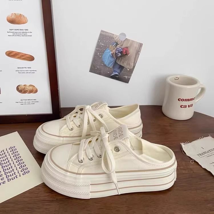 粉色两穿半拖帆布鞋女薄款夏季新款chic小众一脚蹬韩版厚底小白鞋
