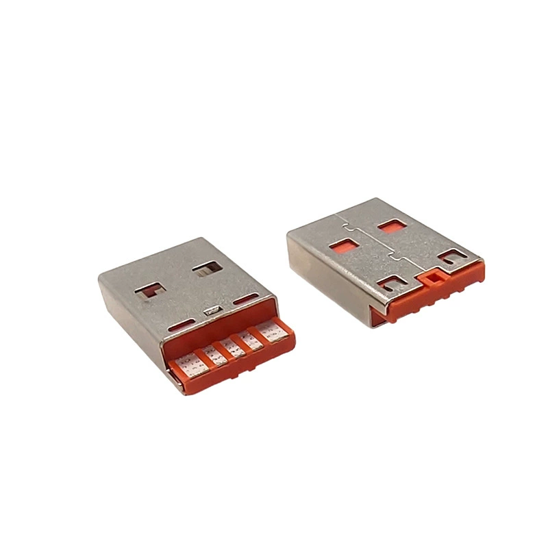USB-A штекер короткий L17 мм, 5-контактный высокотоковый 5A, оранжевый порт быстрой зарядки
