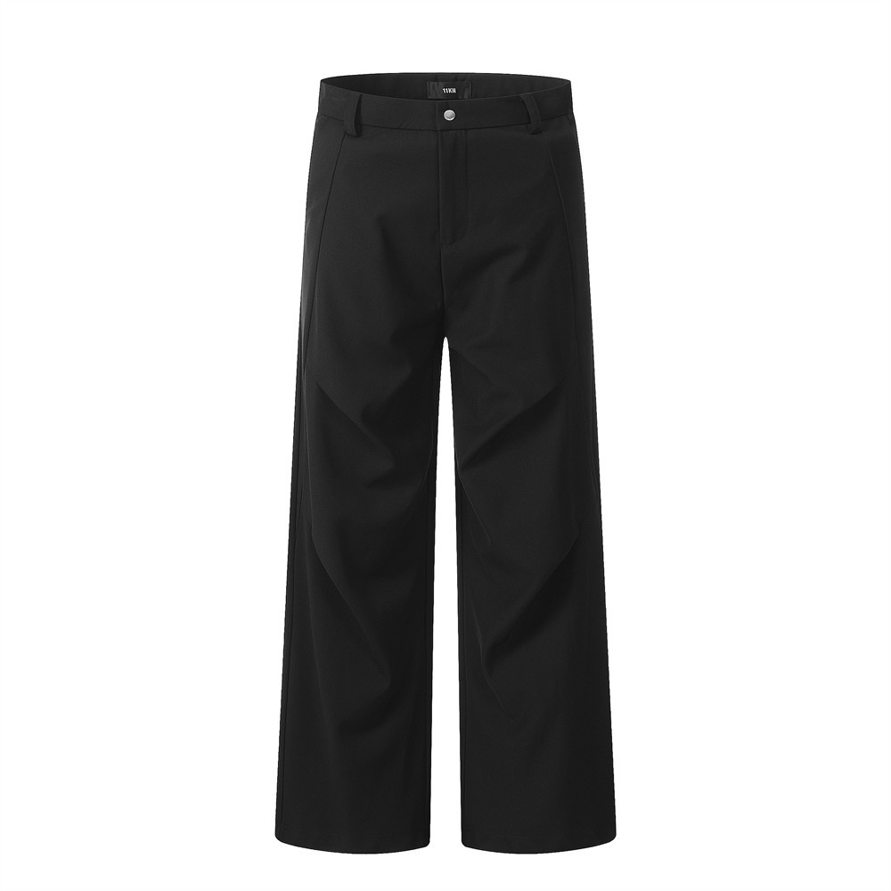 Lässige Herrenhose mit weitem Bein, trendiges Design, Falten, Pressnähte, einfarbig, vielseitig, lässige lange Hose_voghion.com