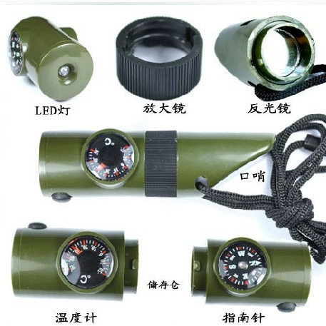 Светодиодный фонарик, многофункциональная пластиковая направляющая, северная игла, 7-в-1, порт выживания, свисток, термометр, увеличительное стекло