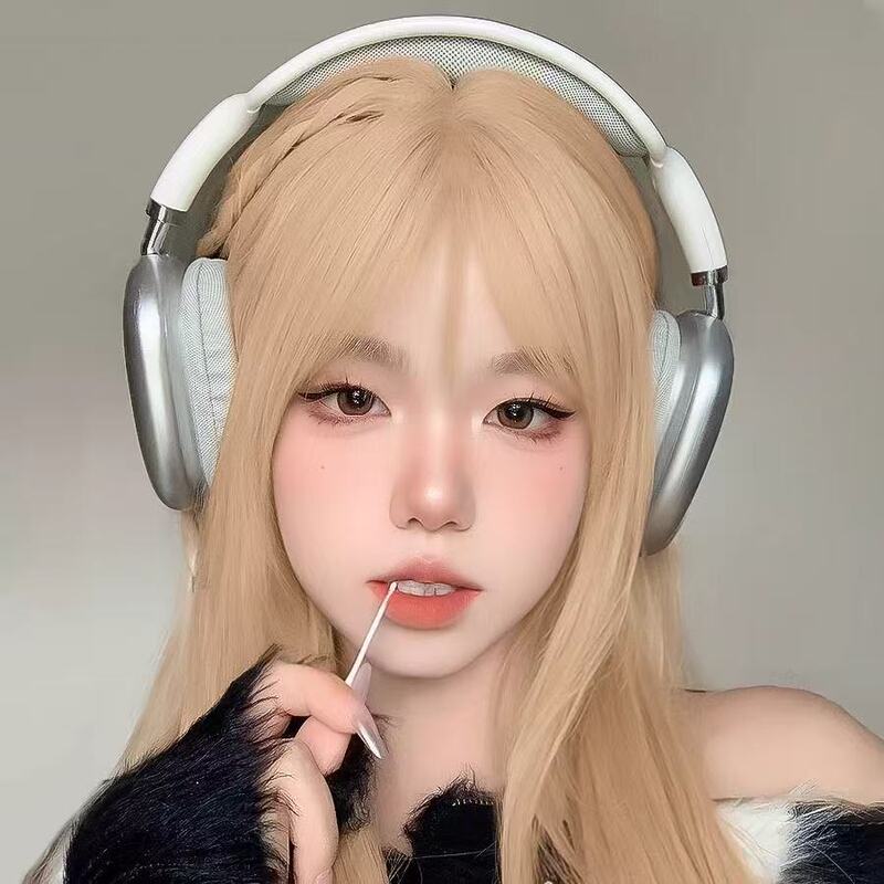 Wig for Women with Long Hair, Sweet and Cute, White Milk Tea Gold Air Bangs, Long Straight Hair, Simulated Human Hair, Full Headgear