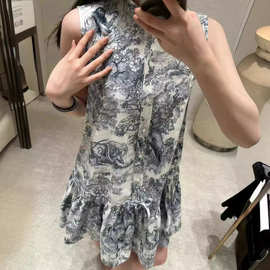 静奢风无袖连衣裙女欧美名媛范夏季潮流穿搭小立领丛林印花背心裙