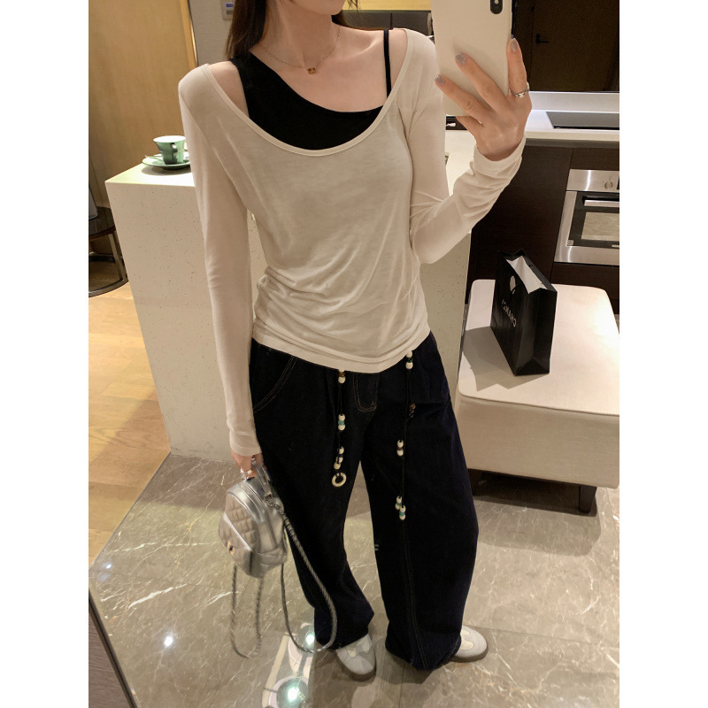 European-Style Off-Shoulder Long-Sleeve Knit Cover-Up with Sleeveless Camisole for Women, New Autumn Layered Two-Piece Top Set European-Style Off-Shoulder Long-Sleeve Knit Cover-Up with Sleeveless Camisole for Women, New Autumn Layered Two-Piece Top Set