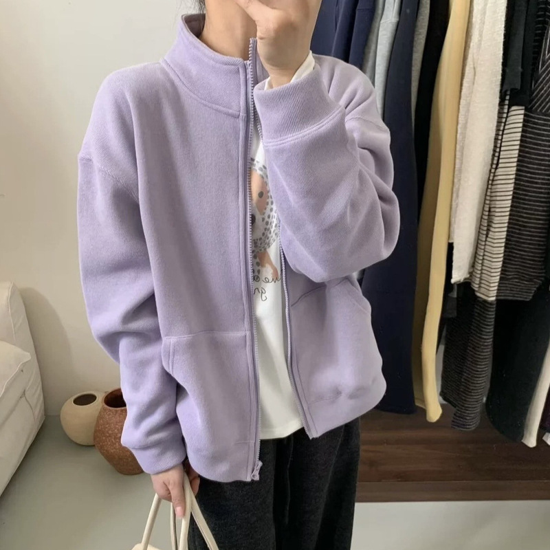 Whitening and Age-Reducing Pure Color Stand-Up Collar Jacket Baseball Jacket for Women Korean Style Loose Velvet Thickeneded Zipper Sweatshirt Jacket Trendy Whitening and Age-Reducing Pure Color Stand-Up Collar Jacket Baseball Jacket for Women Korean Style Loose Velvet Thickeneded Zipper Sweatshirt Jacket Trendy