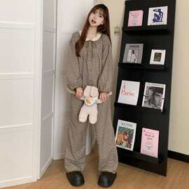 ins风少女甜美娃娃领格子睡衣女春秋新款长袖长裤家居服外穿套装