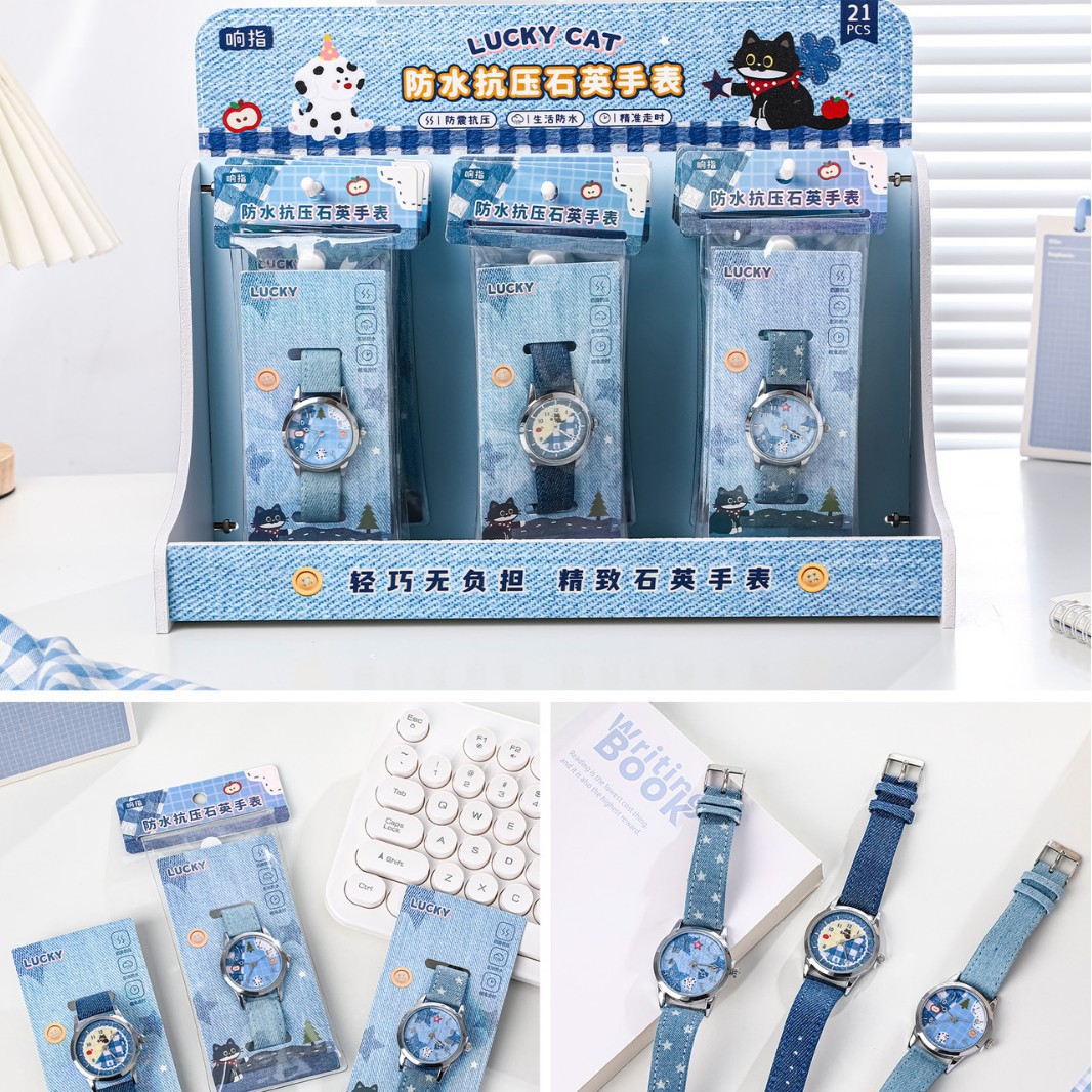 Snap Finger BB Cat and PP Dog Cowboy Series Exam Quartz Watch Simple Cartoon Mechanical Movement Waterproof Watch