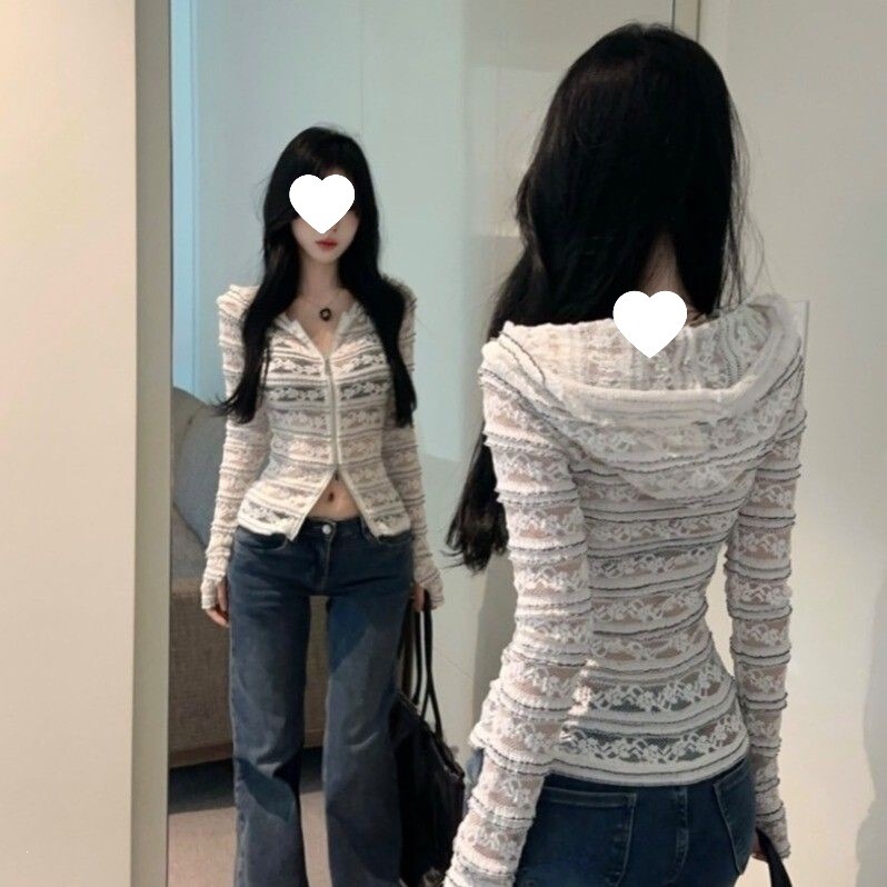 Three-Dimensional Striped Lace Crochet Hooded Cardigan for Women, Early Autumn New Stylish Fashionable Coat with Flared Sleeves and Waist-Cinching Top